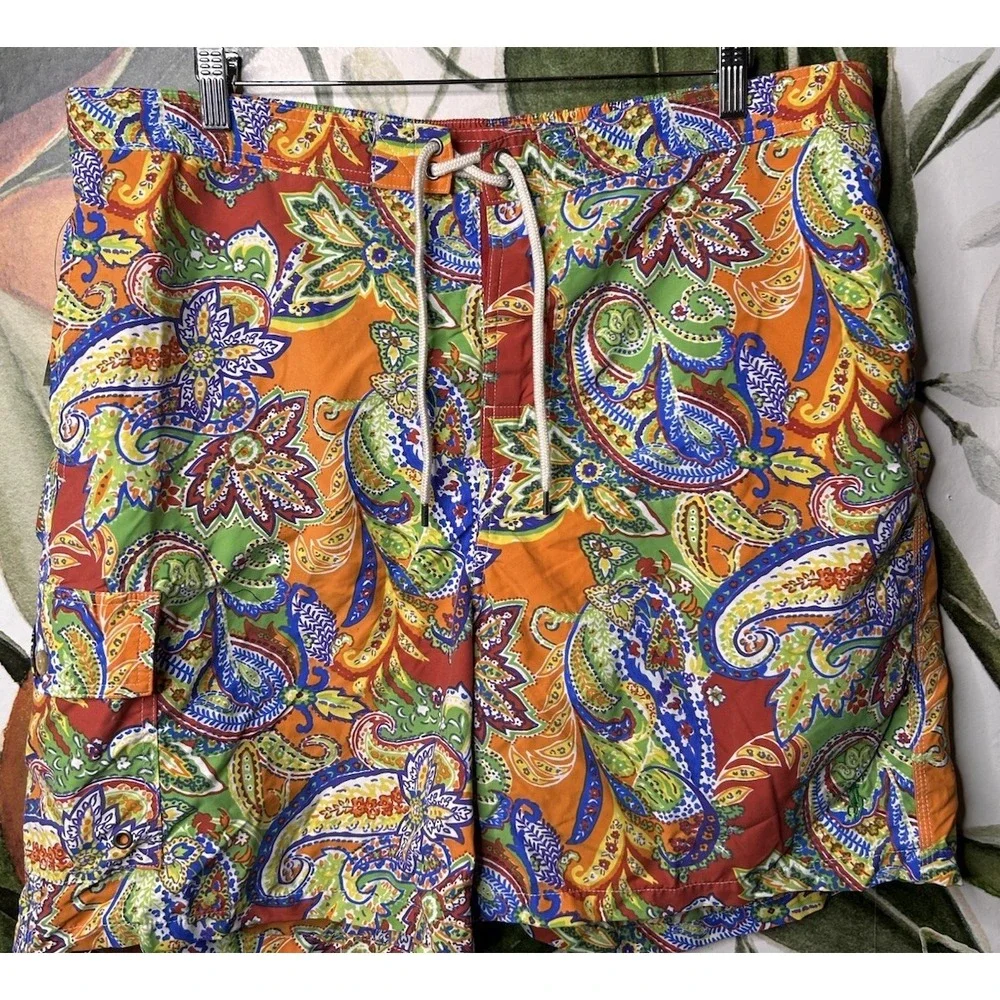 Polo by Ralph Lauren 2XL Orange Paisley Lined Shorts Drawstring Swimwear NWT